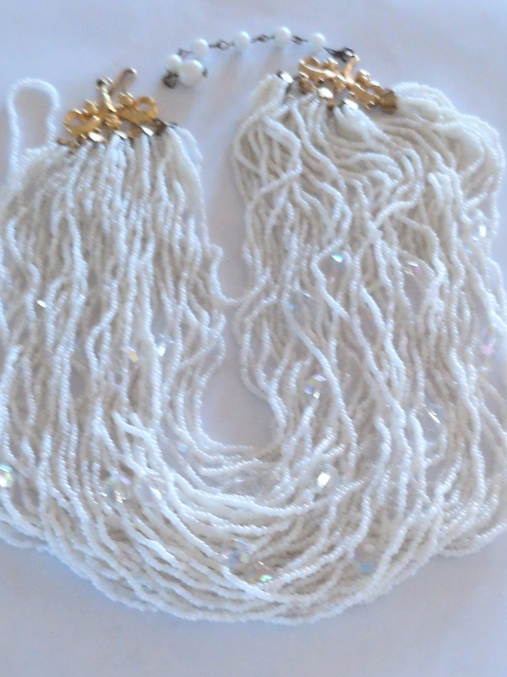 Multi-Strand White Seed Bead Necklace with Gold Accents